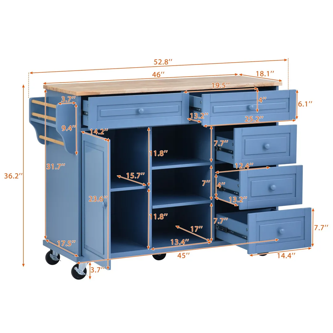 CESICIA Blue Wood Base with Wood Top Rolling Kitchen Island (18.1-in x 52.8-in x 36.2-in), photo 5 of 12