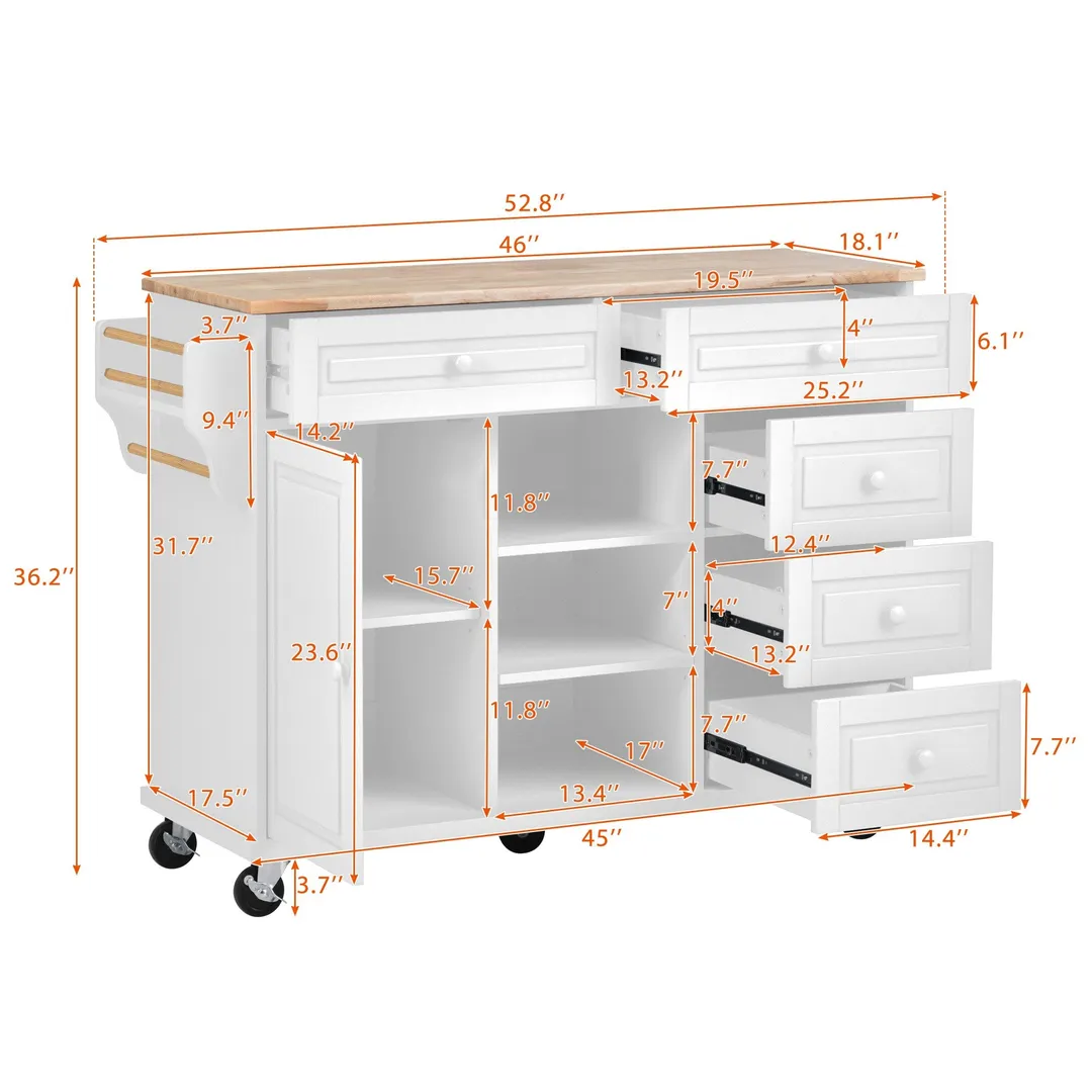 CESICIA White Wood Base with Wood Top Rolling Kitchen Island (18.1-in x 52.8-in x 36.2-in), photo 5 of 11