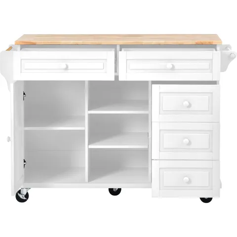 White Wood Base with Wood Top Rolling Kitchen Island