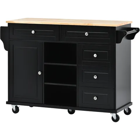 Black Wood Base with Wood Top Rolling Kitchen Island