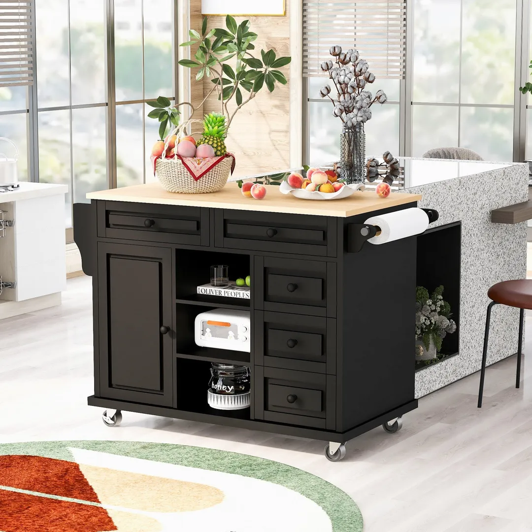 CESICIA Black Wood Base with Wood Top Rolling Kitchen Island (18.1-in x 52.8-in x 36.2-in), photo 8 of 17