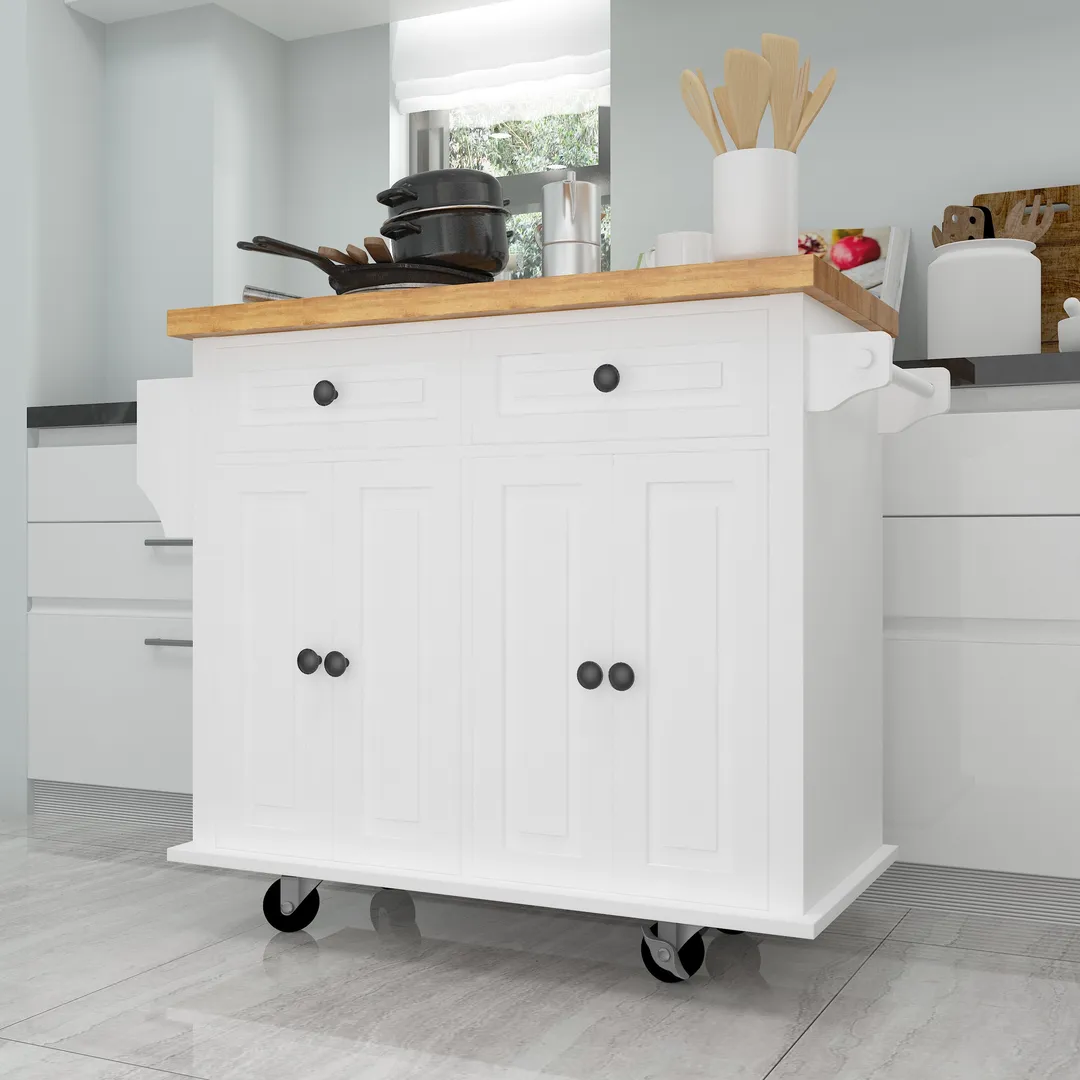 CESICIA White Wood Base with Wood Top Rolling Kitchen Island (17.5-in x 43.7-in x 32.5-in), photo 17 of 20