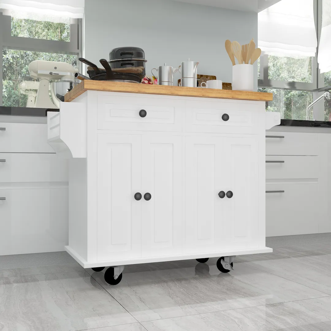 CESICIA White Wood Base with Wood Top Rolling Kitchen Island (17.5-in x 43.7-in x 32.5-in), photo 16 of 20