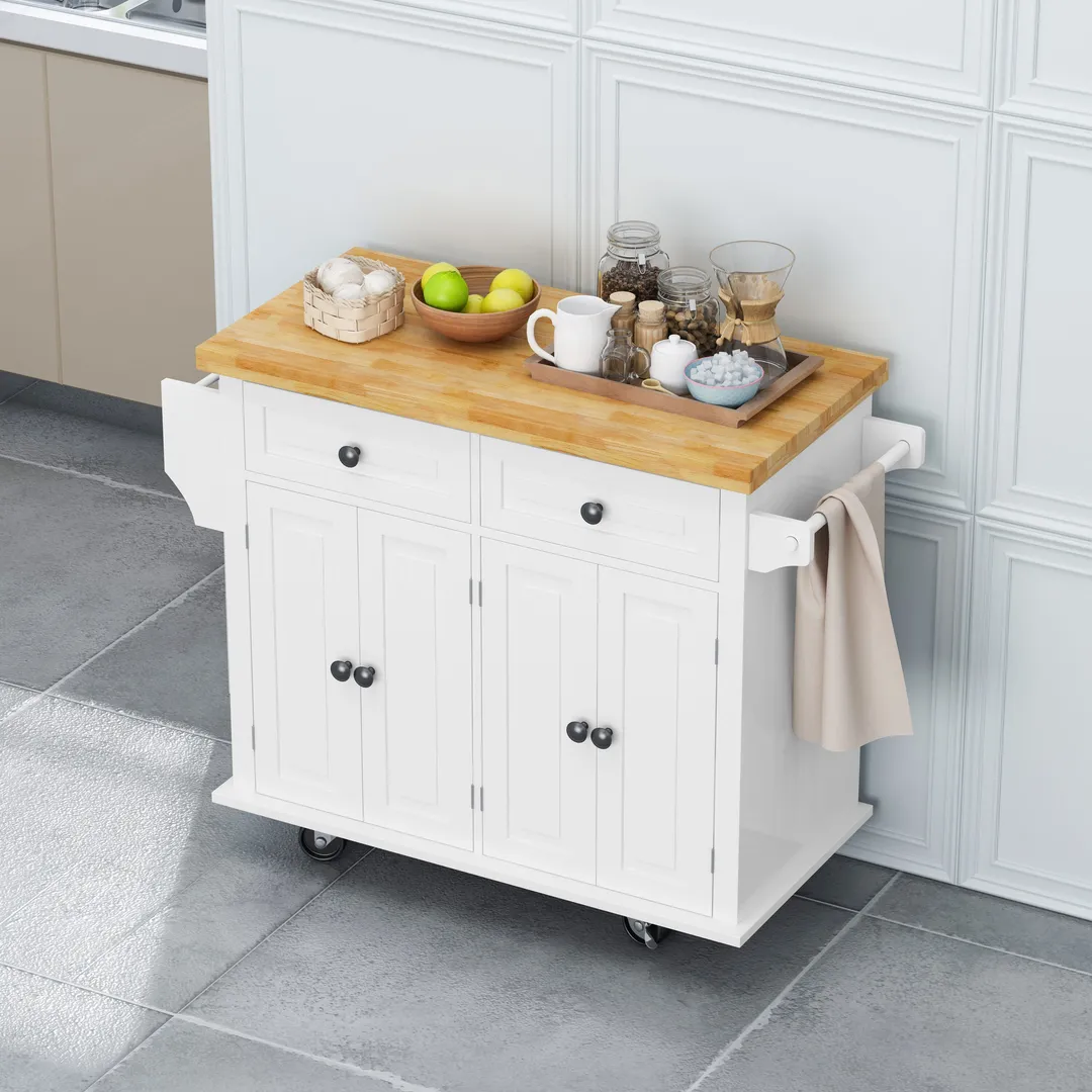 CESICIA White Wood Base with Wood Top Rolling Kitchen Island (17.5-in x 43.7-in x 32.5-in), photo 10 of 20