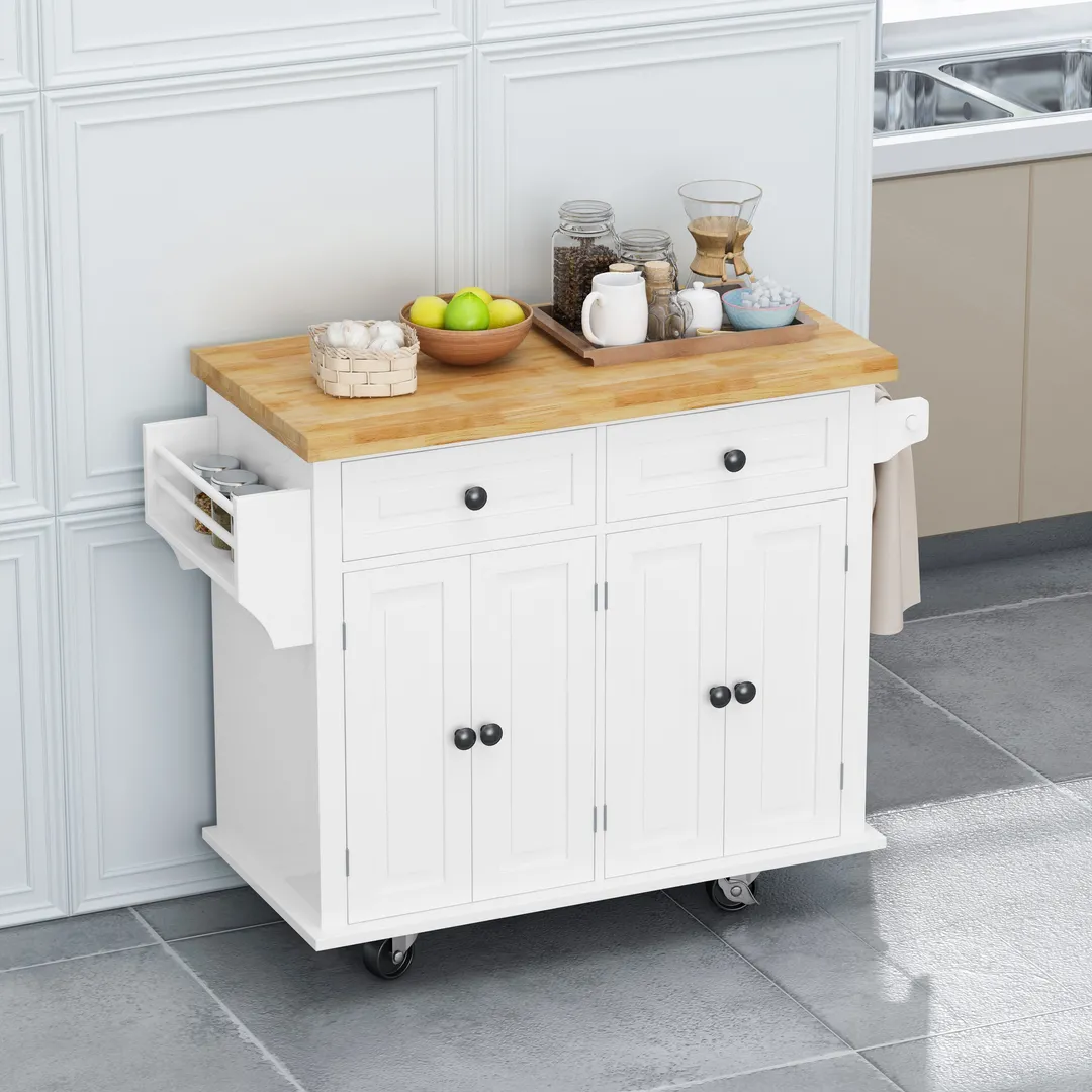 CESICIA White Wood Base with Wood Top Rolling Kitchen Island (17.5-in x 43.7-in x 32.5-in), photo 4 of 20