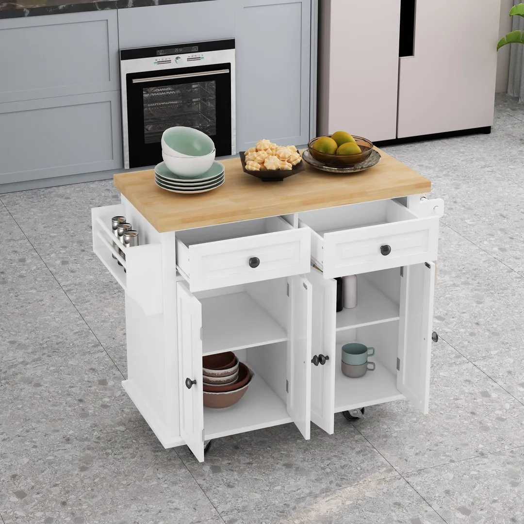 CESICIA White Wood Base with Wood Top Rolling Kitchen Island (17.5-in x 43.7-in x 32.5-in), photo 9 of 20