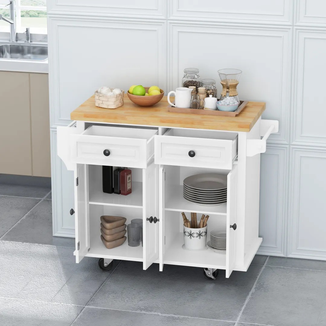 CESICIA White Wood Base with Wood Top Rolling Kitchen Island (17.5-in x 43.7-in x 32.5-in), photo 7 of 20
