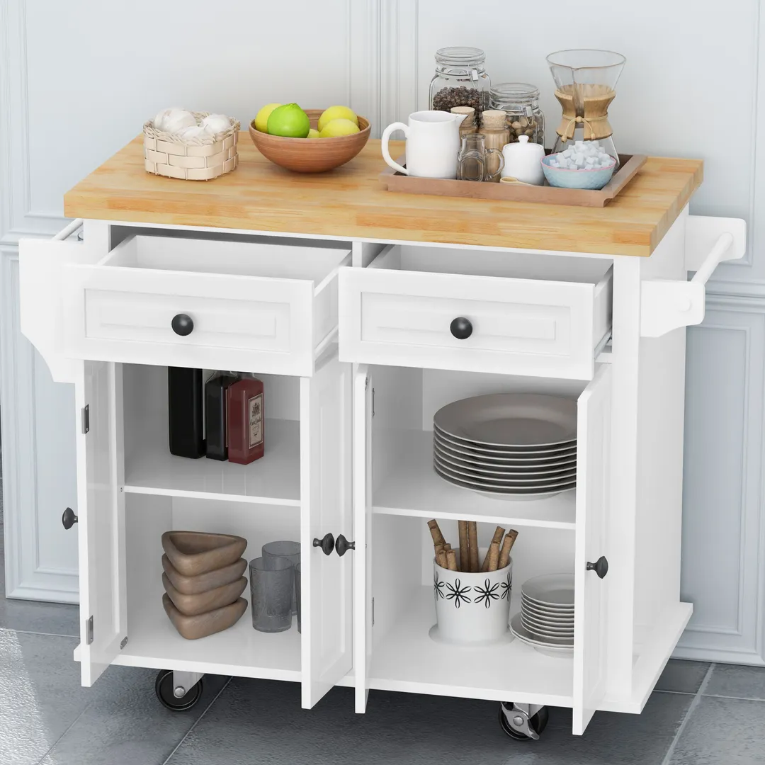 CESICIA White Wood Base with Wood Top Rolling Kitchen Island (17.5-in x 43.7-in x 32.5-in), photo 6 of 20