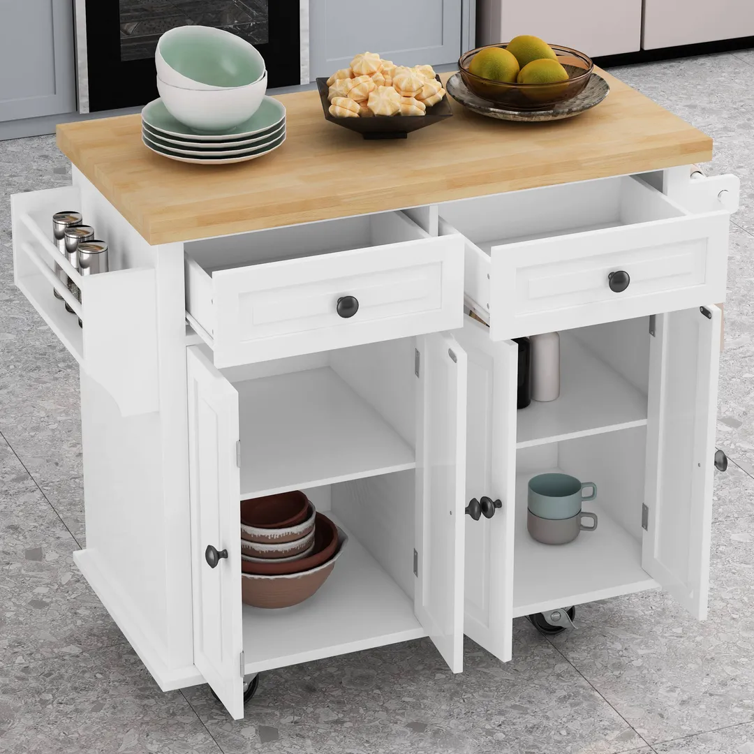 CESICIA White Wood Base with Wood Top Rolling Kitchen Island (17.5-in x 43.7-in x 32.5-in), photo 8 of 20