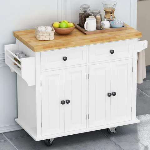 White Wood Base with Wood Top Rolling Kitchen Island