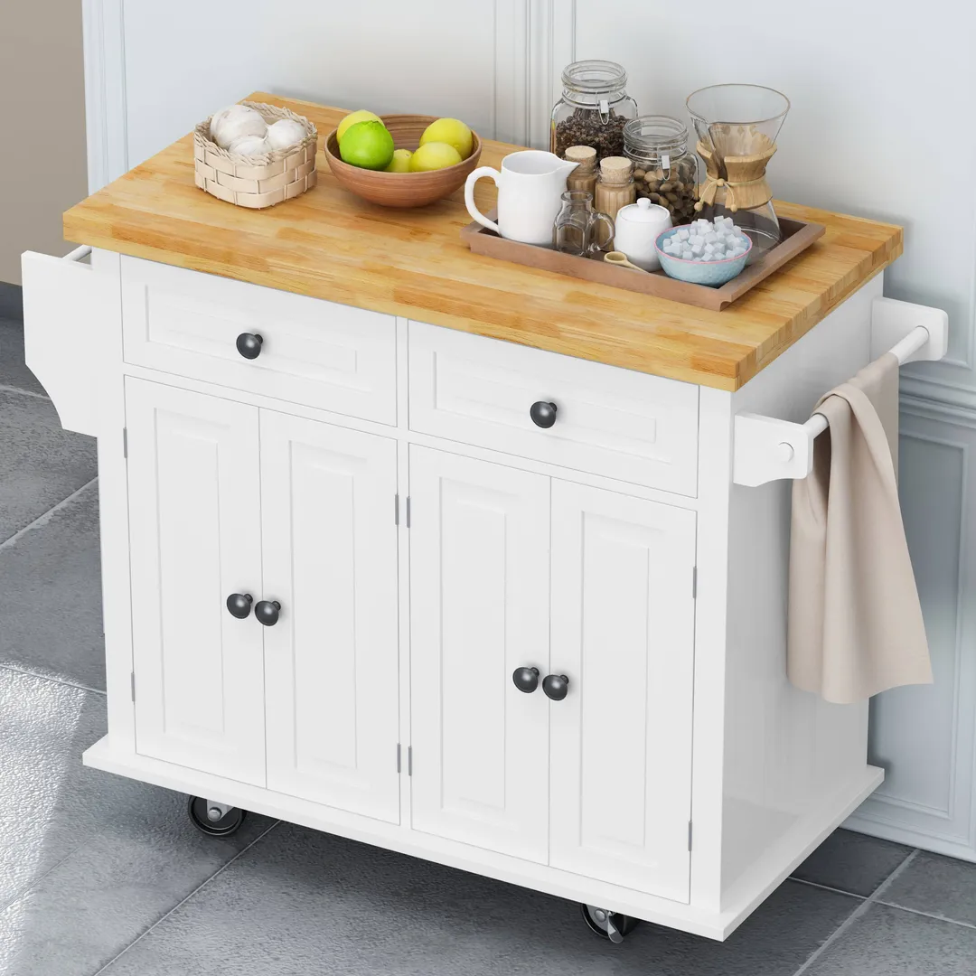 CESICIA White Wood Base with Wood Top Rolling Kitchen Island (17.5-in x 43.7-in x 32.5-in), photo 5 of 20
