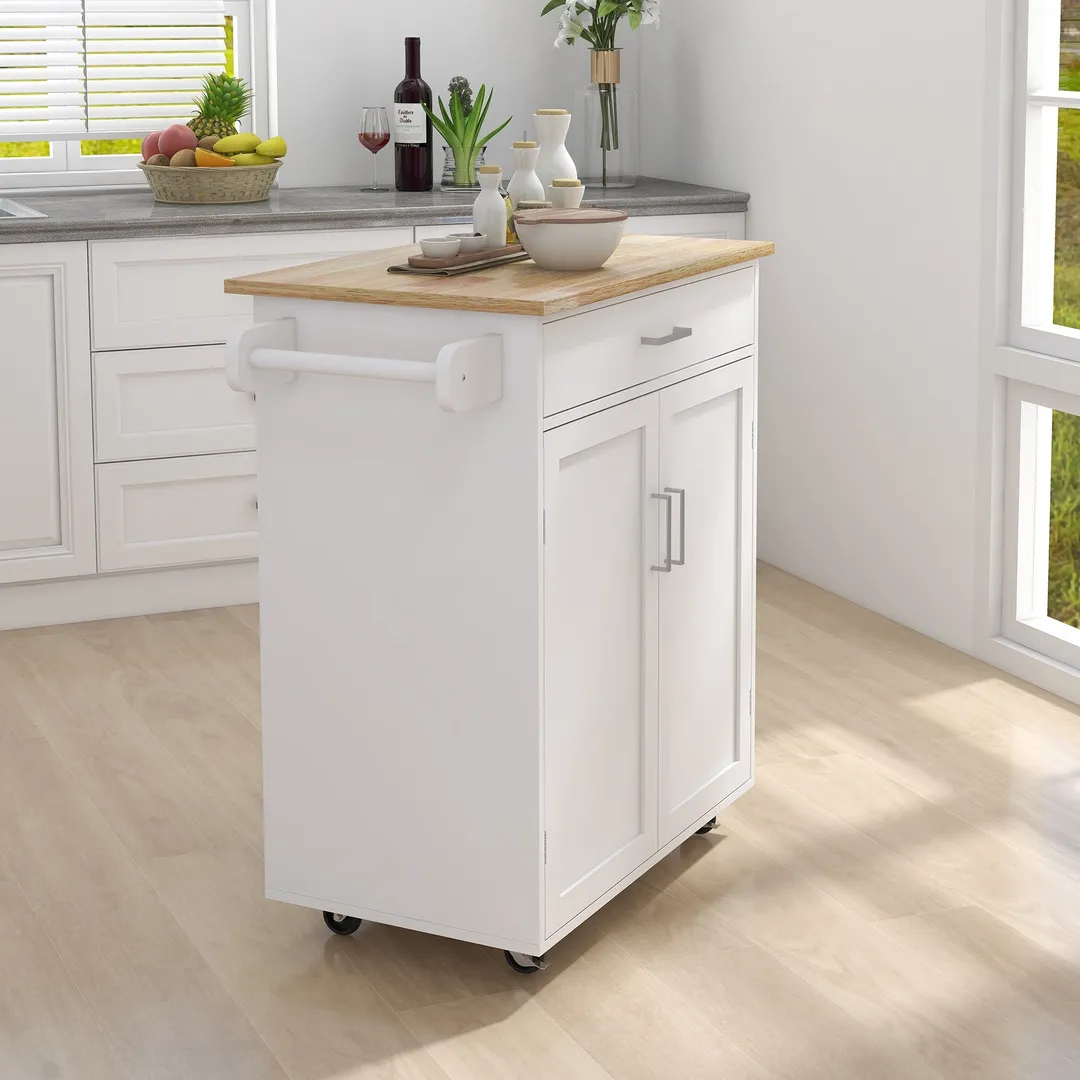 CESICIA White Wood Base with Wood Top Rolling Kitchen Island (17.71-in x 32.87-in x 36.02-in), photo 4 of 9