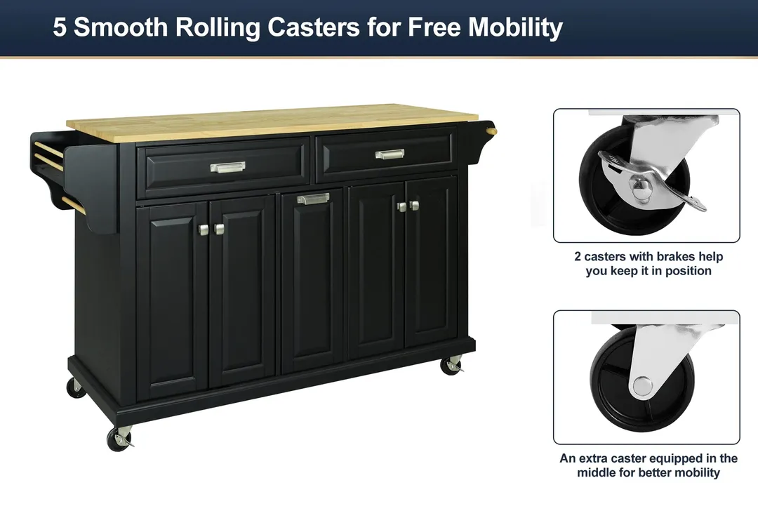 CESICIA Black Wood Base with Wood Top Rolling Kitchen Island (18-in x 51-in x 36-in), photo 9 of 10