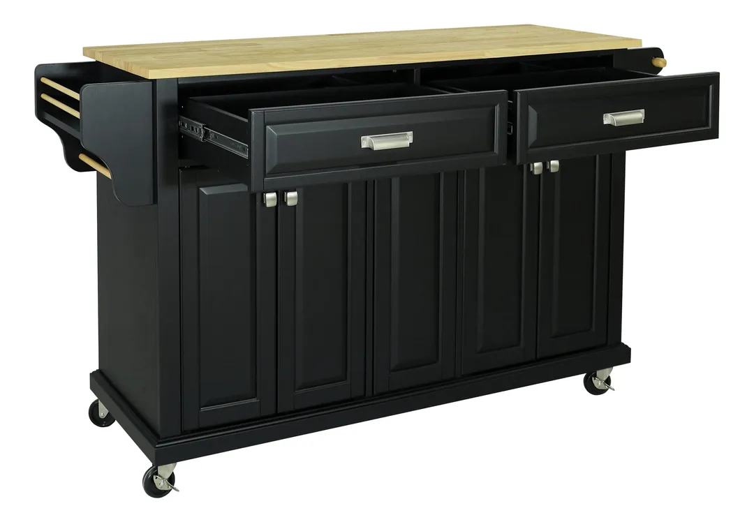 CESICIA Black Wood Base with Wood Top Rolling Kitchen Island (18-in x 51-in x 36-in), photo 6 of 10