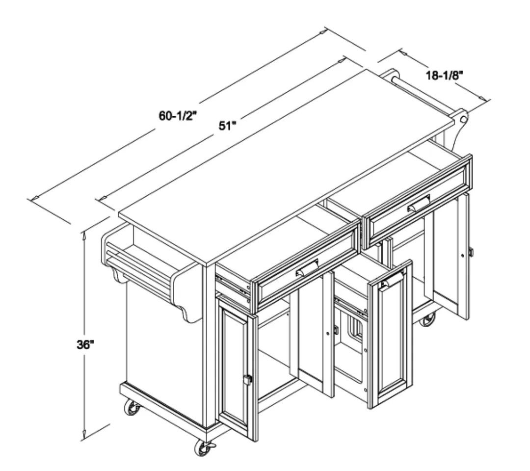 CESICIA Black Wood Base with Wood Top Rolling Kitchen Island (18-in x 51-in x 36-in), photo 5 of 10