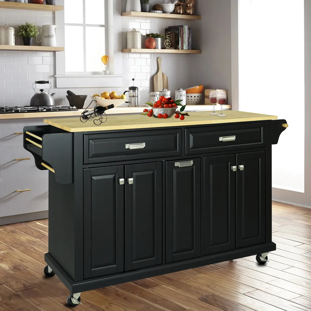 CESICIA Black Wood Base with Wood Top Rolling Kitchen Island (18-in x 51-in x 36-in), photo 8 of 10