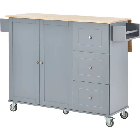 Blue Wood Base with Wood Top Rolling Kitchen Island