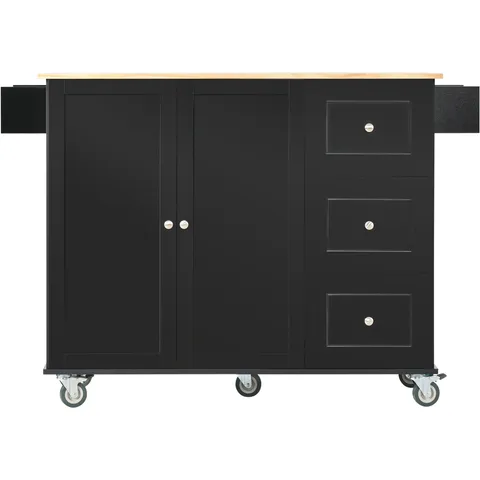 Black Wood Base with Wood Top Rolling Kitchen Island
