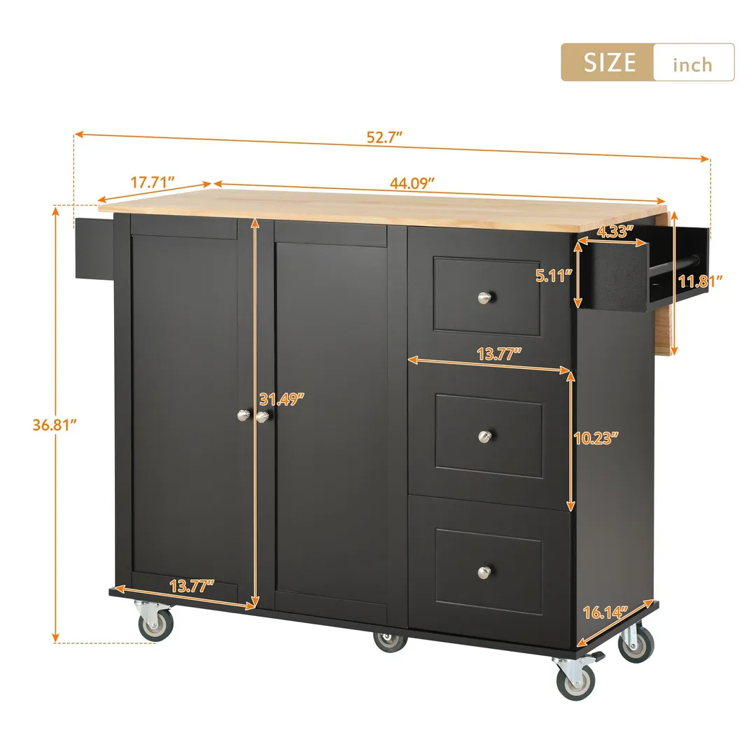 CESICIA Black Wood Base with Wood Top Rolling Kitchen Island (17.71-in x 52.7-in x 36.81-in), photo 3 of 14