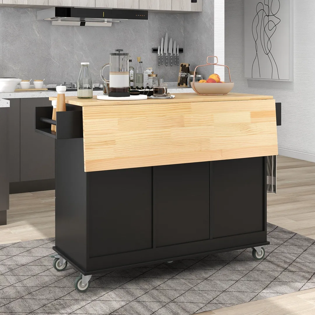 CESICIA Black Wood Base with Wood Top Rolling Kitchen Island (17.71-in x 52.7-in x 36.81-in), photo 5 of 14