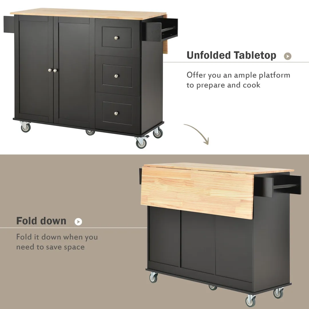 CESICIA Black Wood Base with Wood Top Rolling Kitchen Island (17.71-in x 52.7-in x 36.81-in), photo 6 of 14