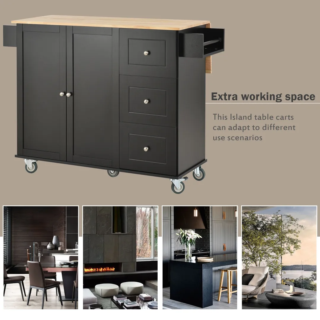 CESICIA Black Wood Base with Wood Top Rolling Kitchen Island (17.71-in x 52.7-in x 36.81-in), photo 10 of 14