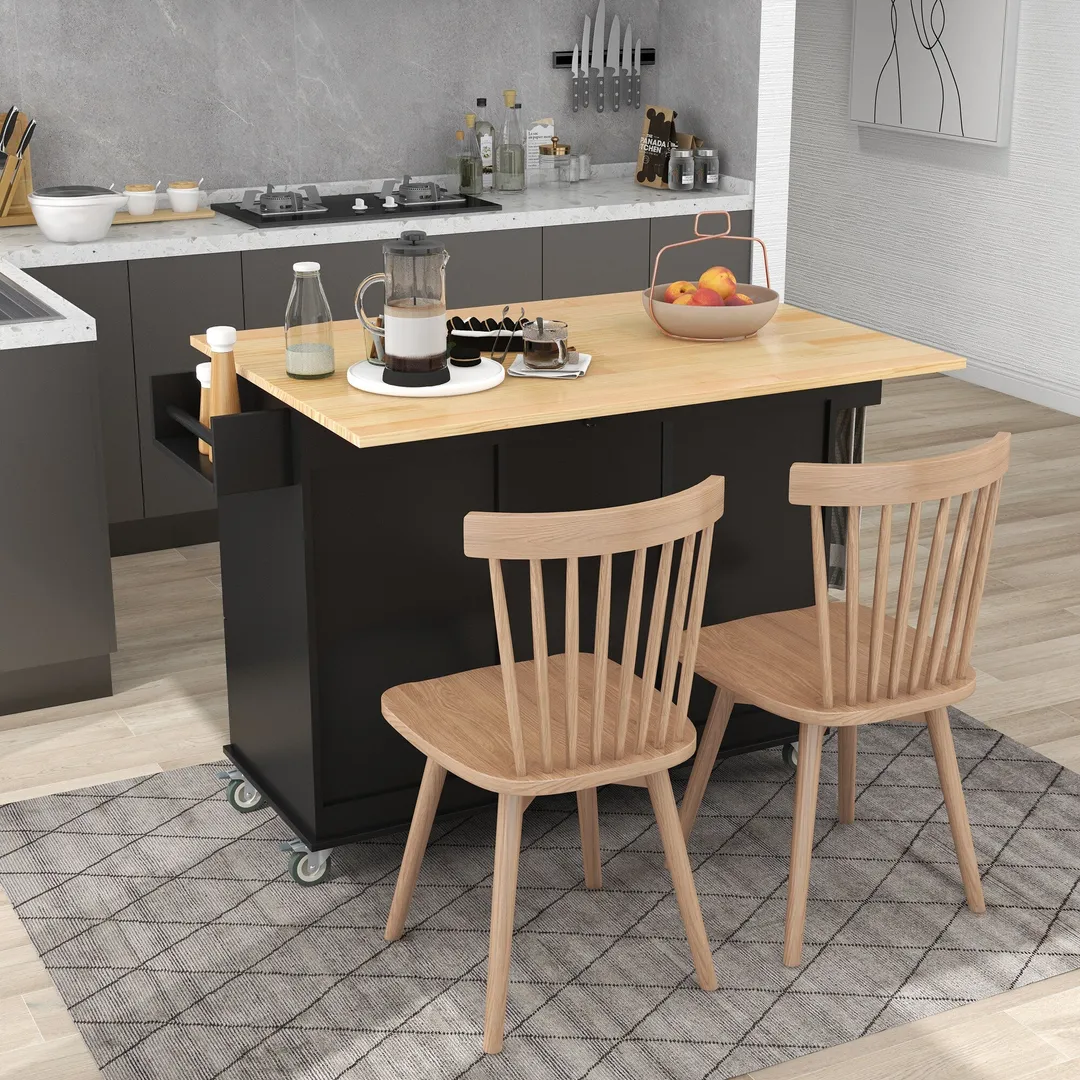 CESICIA Black Wood Base with Wood Top Rolling Kitchen Island (17.71-in x 52.7-in x 36.81-in), photo 13 of 14