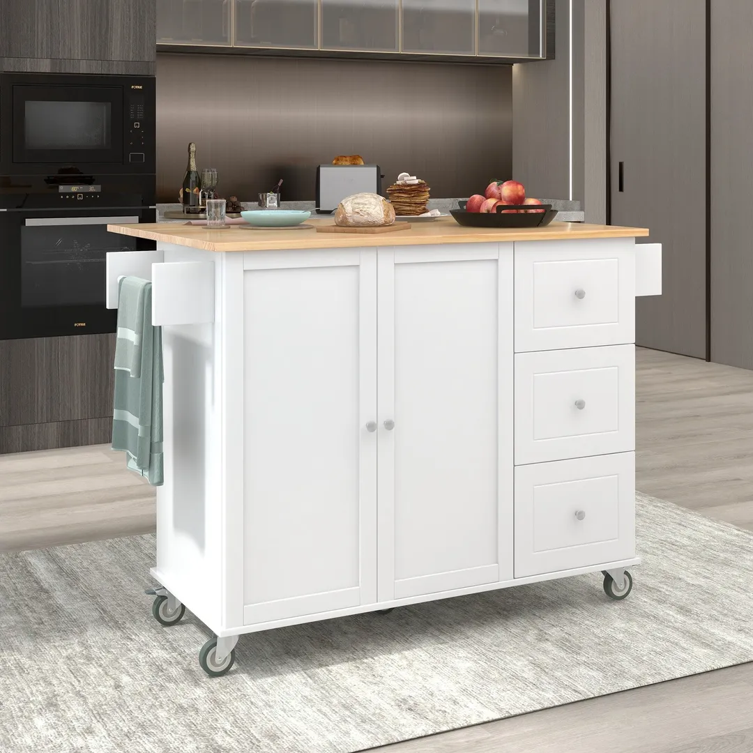 CESICIA White Wood Base with Wood Top Rolling Kitchen Island (17.71-in x 52.7-in x 36.81-in), photo 5 of 18