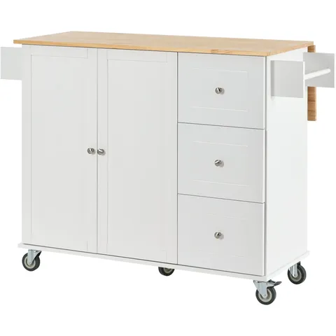 White Wood Base with Wood Top Rolling Kitchen Island