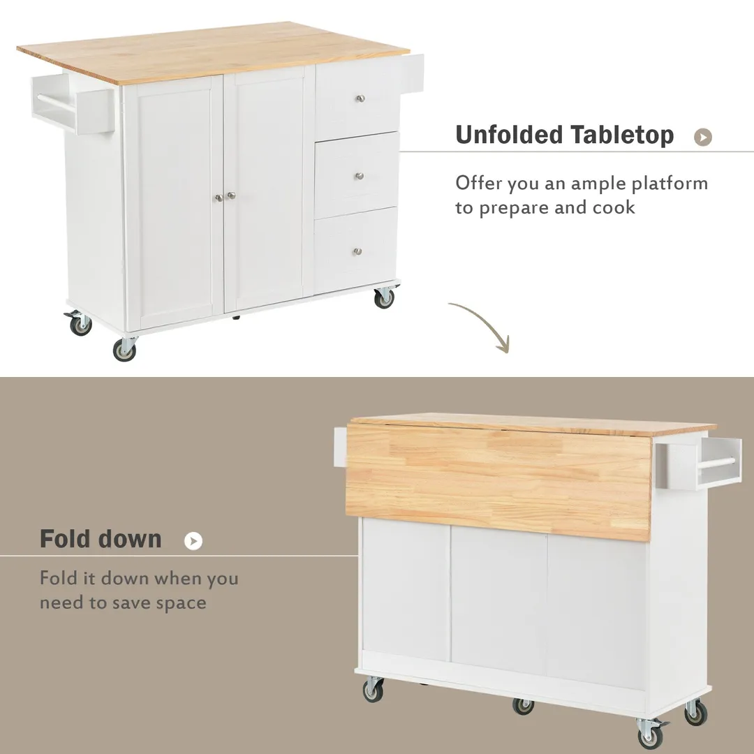 CESICIA White Wood Base with Wood Top Rolling Kitchen Island (17.71-in x 52.7-in x 36.81-in), photo 7 of 18