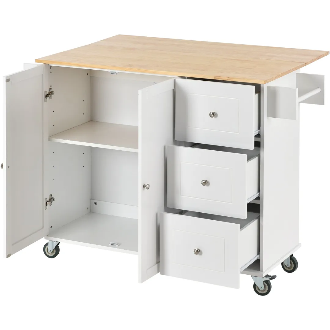 CESICIA White Wood Base with Wood Top Rolling Kitchen Island (17.71-in x 52.7-in x 36.81-in), photo 2 of 18