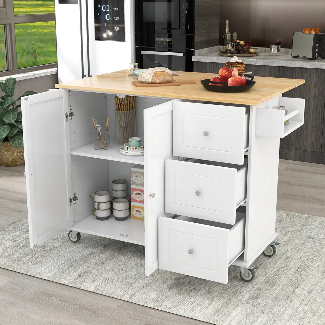 CESICIA White Wood Base with Wood Top Rolling Kitchen Island (17.71-in x 52.7-in x 36.81-in), photo 6 of 18