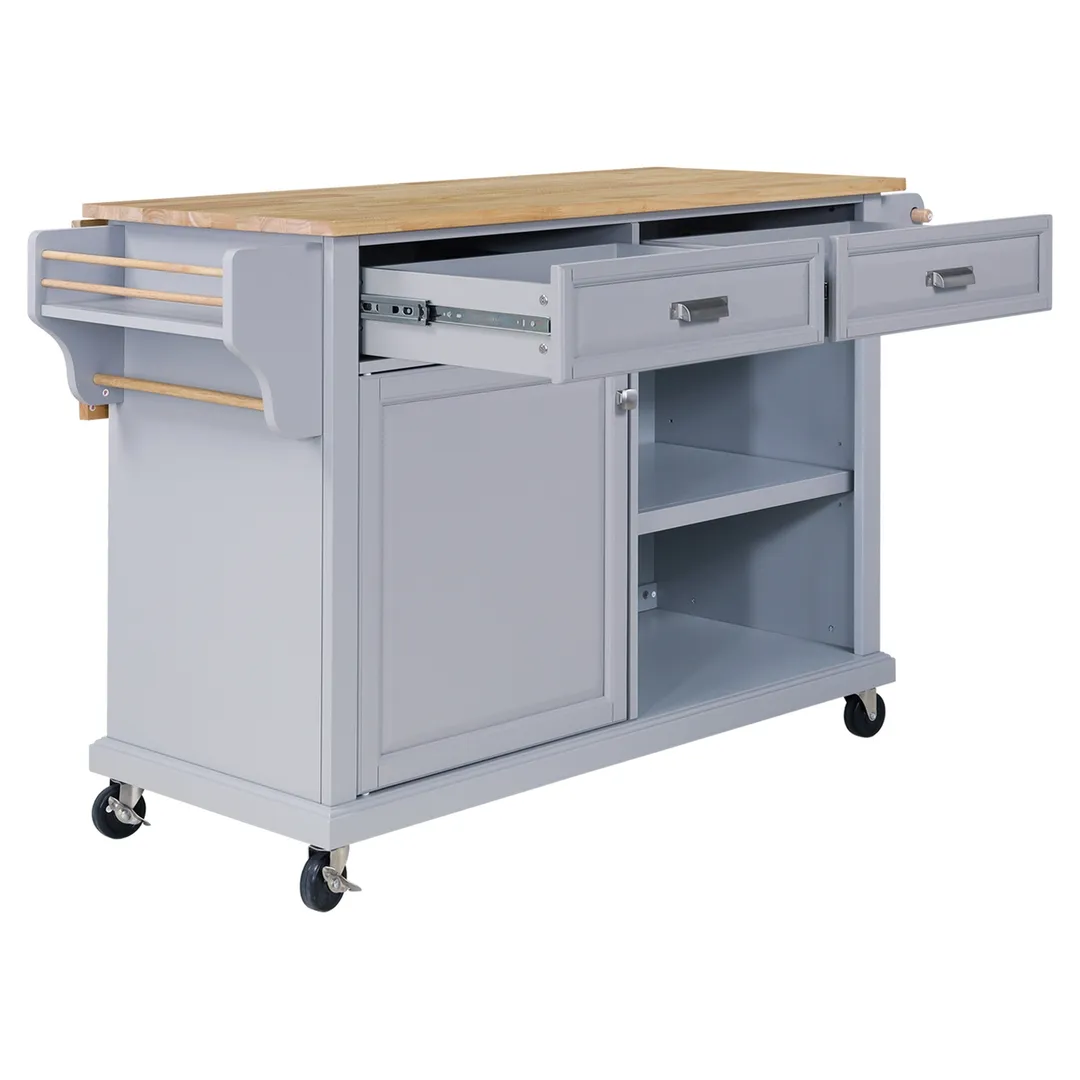 CESICIA Gray Wood Base with Wood Top Rolling Kitchen Island (32-in x 57.63-in x 36-in), photo 4 of 9
