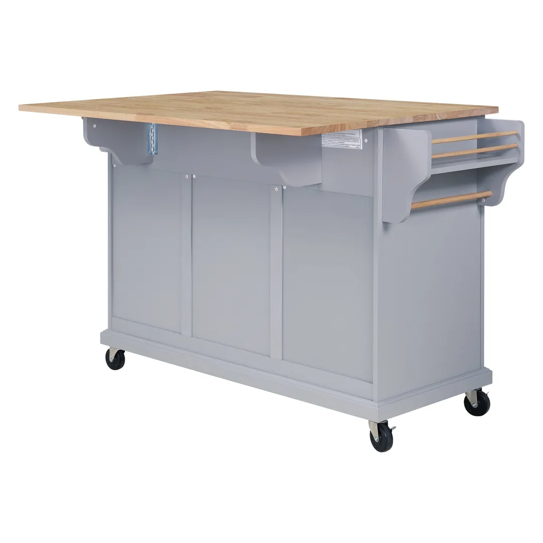CESICIA Gray Wood Base with Wood Top Rolling Kitchen Island (32-in x 57.63-in x 36-in), photo 6 of 9