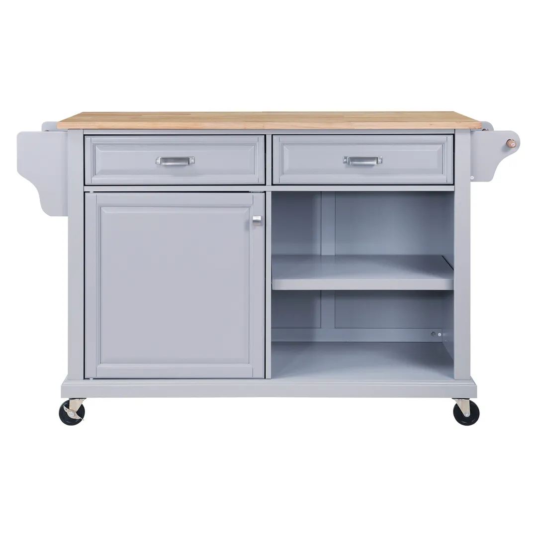 CESICIA Gray Wood Base with Wood Top Rolling Kitchen Island (32-in x 57.63-in x 36-in), photo 3 of 9