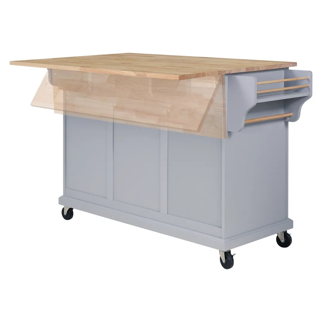 CESICIA Gray Wood Base with Wood Top Rolling Kitchen Island (32-in x 57.63-in x 36-in), photo 7 of 9