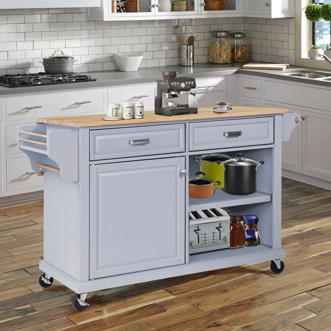 CESICIA Gray Wood Base with Wood Top Rolling Kitchen Island (32-in x 57.63-in x 36-in), photo 9 of 9