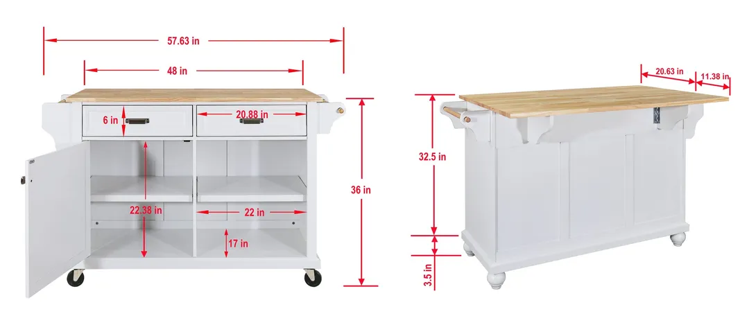 CESICIA Gray Wood Base with Wood Top Rolling Kitchen Island (32-in x 57.63-in x 36-in), photo 5 of 9