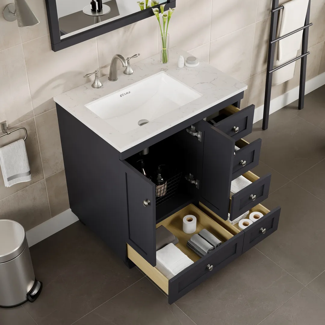 Eviva Acclaim 30-in W x 22-in D x 34-in H Gray Bath Vanity with White Carrara Marble Top and White Undermount Sink, photo 5 of 7