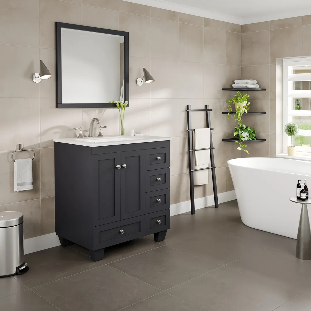Eviva Acclaim 30-in W x 22-in D x 34-in H Gray Bath Vanity with White Carrara Marble Top and White Undermount Sink, photo 3 of 7