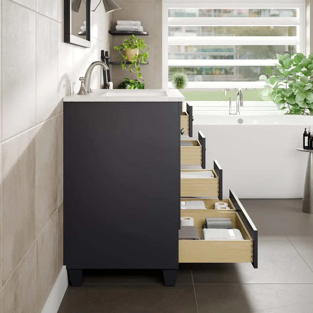 Eviva Acclaim 30-in W x 22-in D x 34-in H Gray Bath Vanity with White Carrara Marble Top and White Undermount Sink, photo 6 of 7