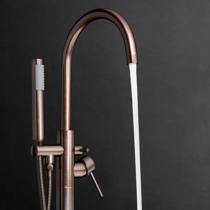 2-Handle 45.47 in. Freestanding Floor Mount Tub Faucet Bathtub Filler with Hand Shower in Brushed Bronze, photo 3 of 8