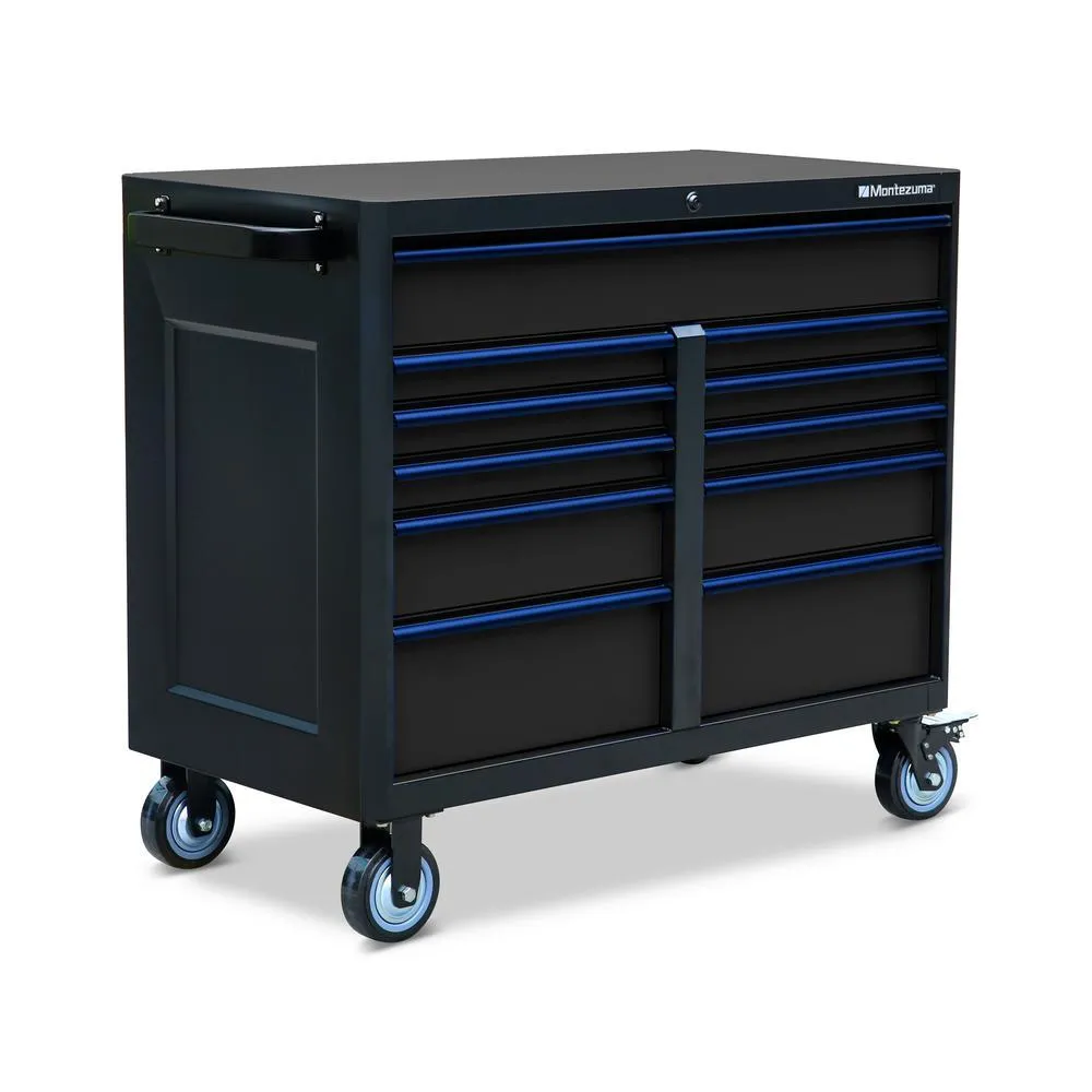 Montezuma 46 in. x 24 in. 11-Drawer Roller Cabinet Tool Chest with Power and USB Outlets in Black and Blue, photo 4 of 11