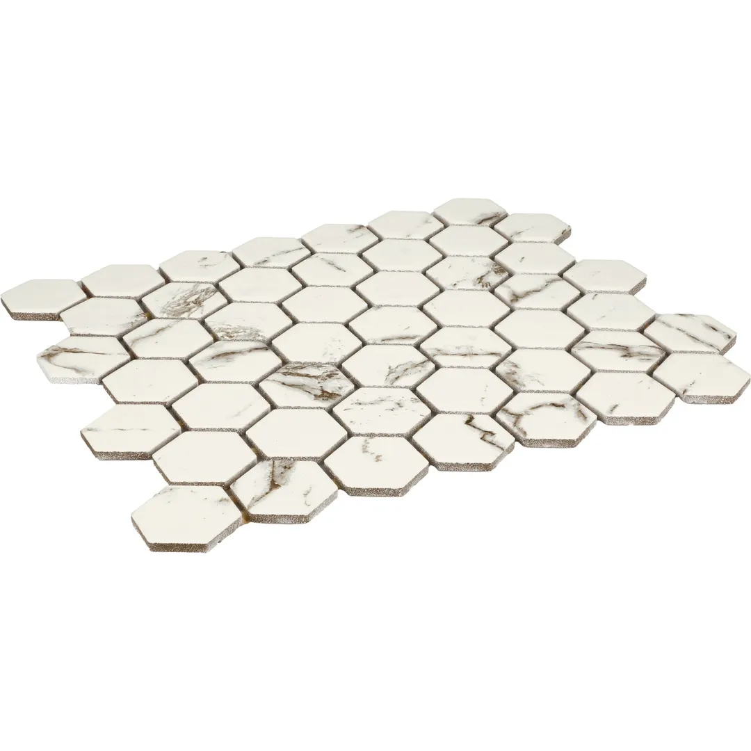 American Olean Marble Manor Calacatta 10-in x 12-in Matte Ceramic Hexagon Marble-Look Floor and Wall Tile (Mesh-Mounted Mosaic), photo 4 of 10