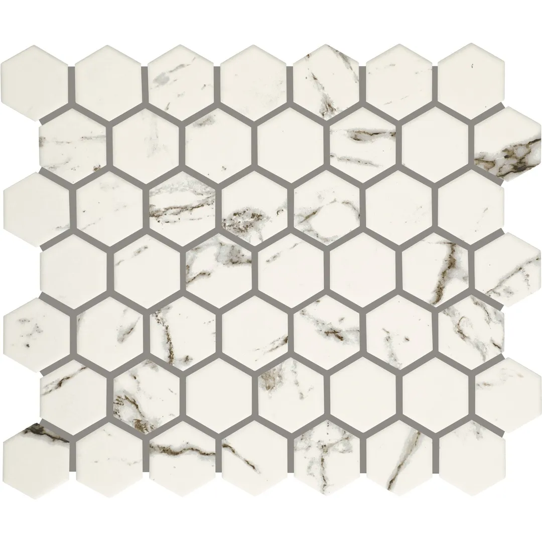 American Olean Marble Manor Calacatta 10-in x 12-in Matte Ceramic Hexagon Marble-Look Floor and Wall Tile (Mesh-Mounted Mosaic), photo 3 of 10