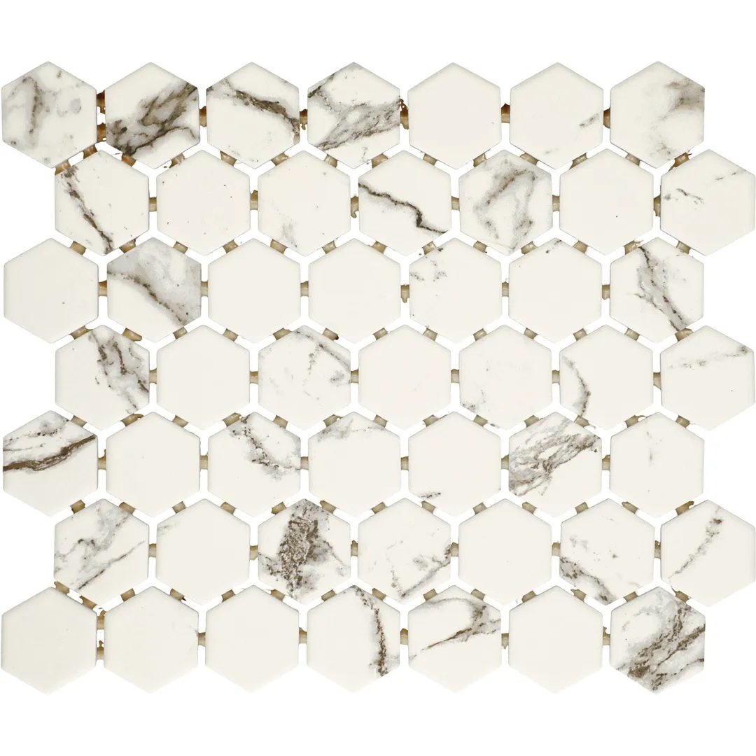 American Olean Marble Manor Calacatta 10-in x 12-in Matte Ceramic Hexagon Marble-Look Floor and Wall Tile (Mesh-Mounted Mosaic), photo 8 of 10