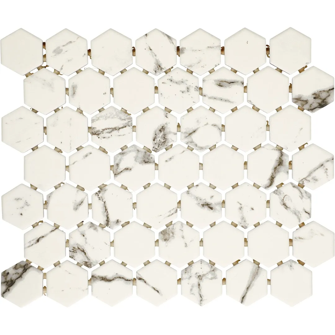 American Olean Marble Manor Calacatta 10-in x 12-in Matte Ceramic Hexagon Marble-Look Floor and Wall Tile (Mesh-Mounted Mosaic), photo 6 of 10