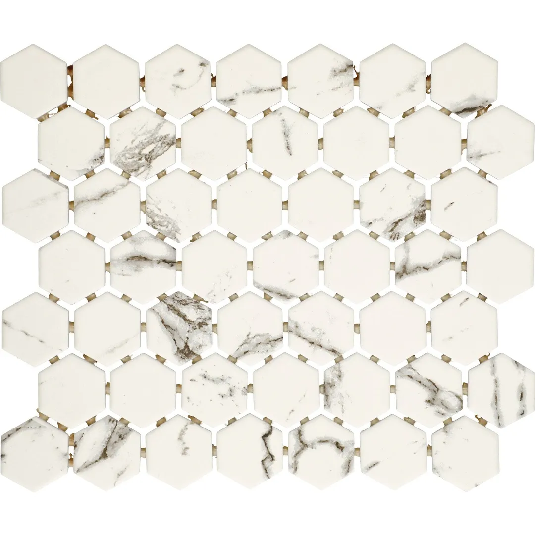 American Olean Marble Manor Calacatta 10-in x 12-in Matte Ceramic Hexagon Marble-Look Floor and Wall Tile (Mesh-Mounted Mosaic), photo 5 of 10