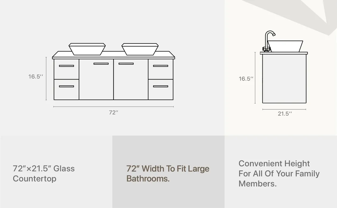 Eviva Totti Wave 72 in. W x 16 in. D x 22 in. H Double Bathroom Vanity, Espresso, White Glassos Top, White Vessel Sinks, photo 8 of 8