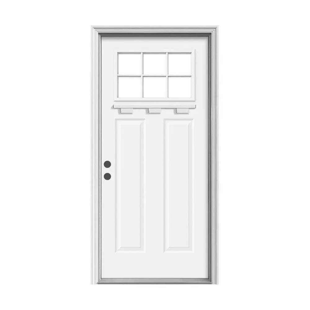 JELD-WEN 36 in. x 80 in. 6 Lite Craftsman Primed Steel Prehung Left-Hand Inswing Front Door w/Brickmould and Shelf", photo 12 of 16